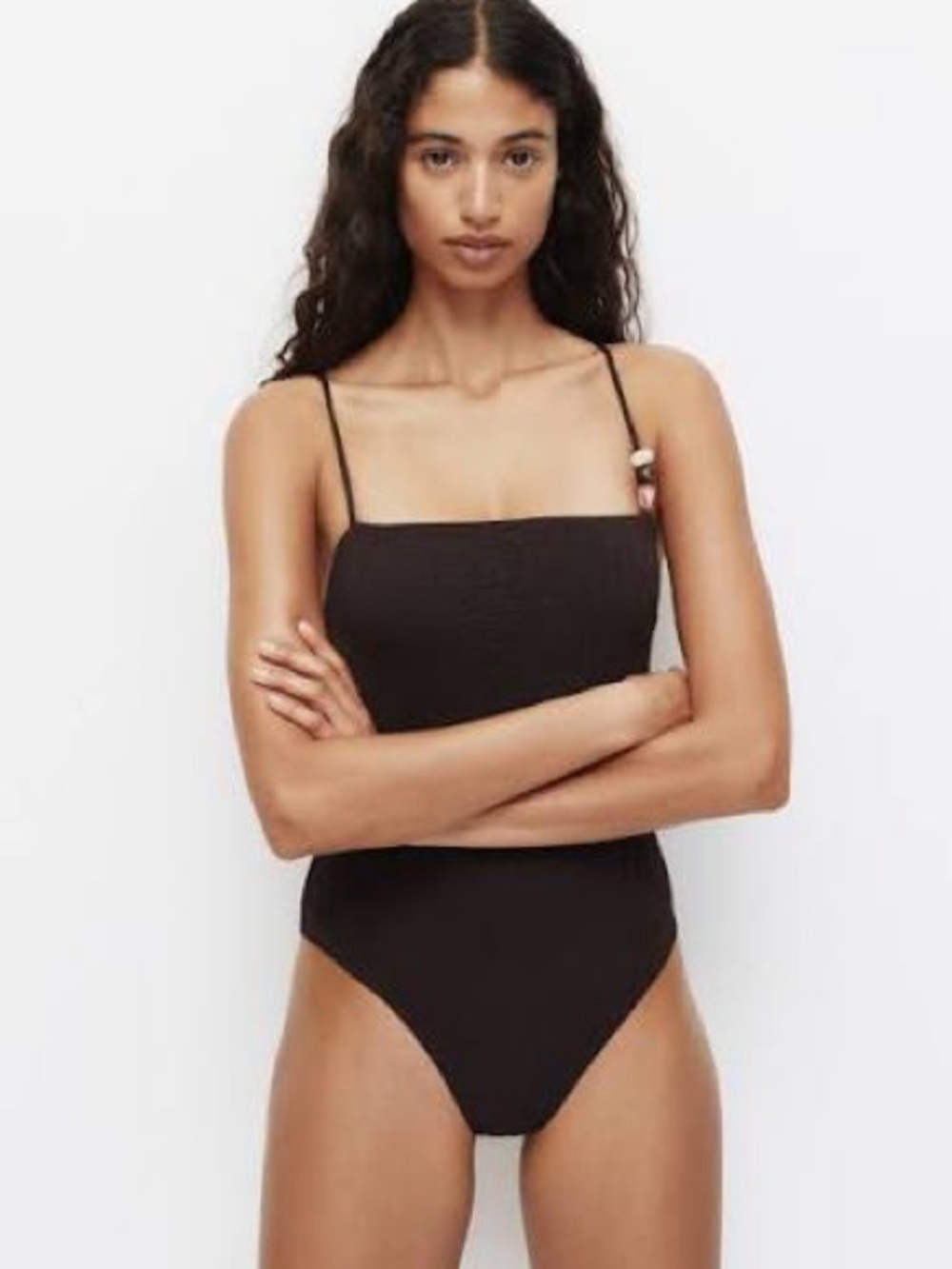 H&M Women's PADDED-CUP HIGH-LEG SWIMSUIT brown textured one piece with beading